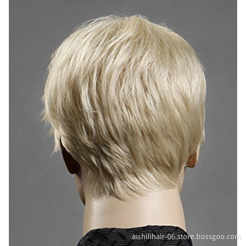 Wholesale Top Quality synthetic wigs natural straight wave hair short light gold wig for men